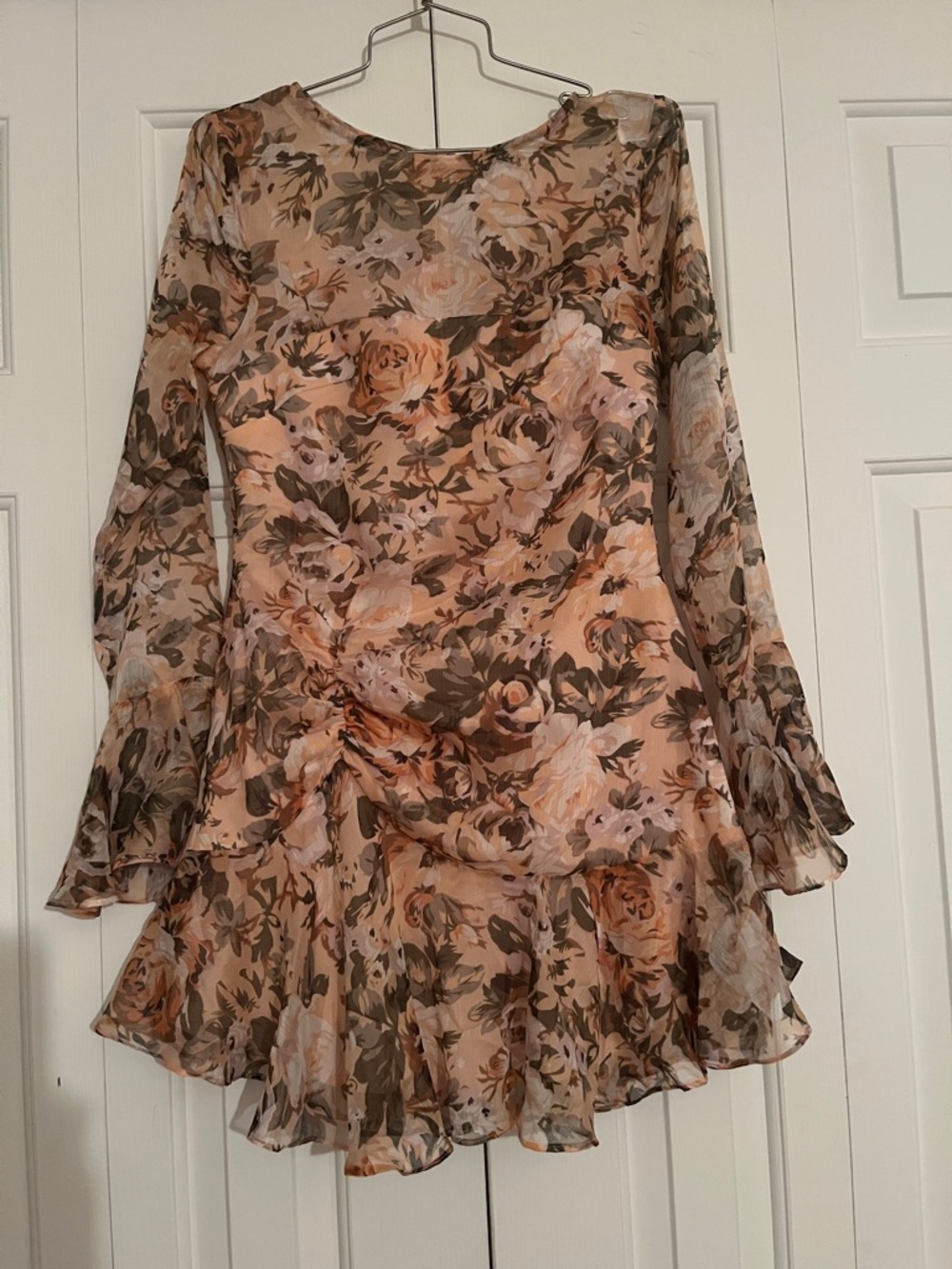 Long-Sleeve Floral Ruffle Mini Dress - Peach Floral